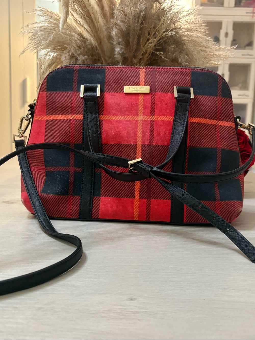 kate spade Red and Black Plaid Satchel with Gold Hardware